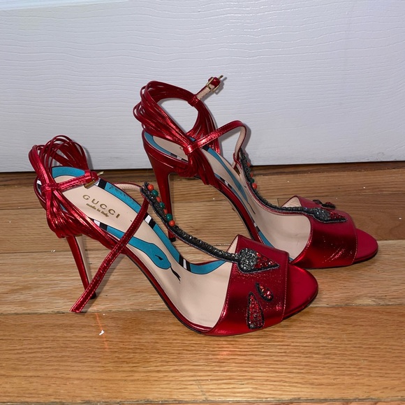 Gucci Red Leather Strappy Allie Knot Ankle Strap Slingback Sandals - Picture 3 of 7